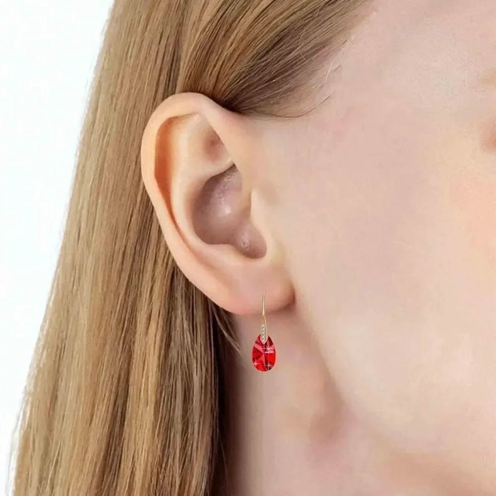 14K Yellow Gold with Ruby Red Austrian Crystal Teardrop Drop Hook Earrings
